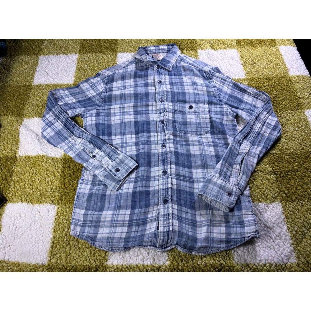 Faherty‎ Brand Indigo Dyed Plaid Flannel Shirt Mens Small Blue White Button Down